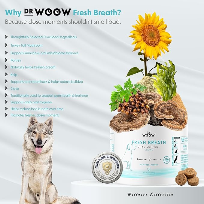 Fresh Breath Dental Chews for Dogs (120 Soft Chews) – Oral Care & Bad Breath Support – Turkey Tail Mushroom, Parsley & Kelp – Daily Teeth & Gum Support – Made in USA – Dr. Woow