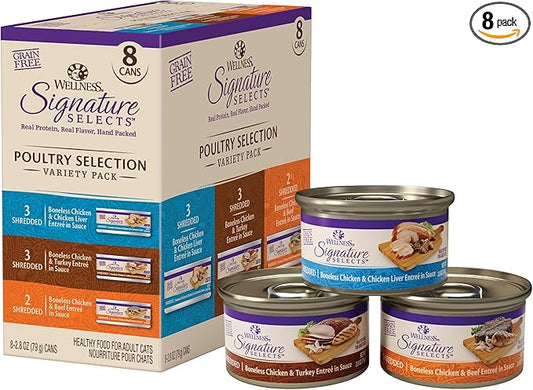 Wellness CORE Signature Selects Variety Pack Adult Canned Wet Cat Food, Natural, Protein Rich, Grain Free, Poultry Recipes, 2.8 oz, Pack of 8 Cans