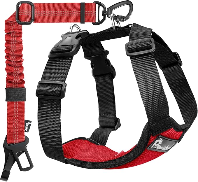 Pawaboo Dog Seat Belt Harness for Car, Dog Car Harness Seatbelt with Double Clips, Adjustable Breathable Pet Vest & Dogs Safety Tether with Elastic Bungee for Small Medium Large Pet, L, Red+Black