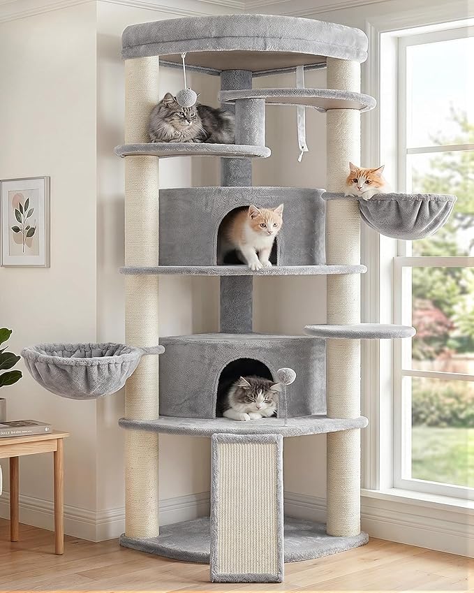Gitelsnour Corner Cat Tree for Indoor Cats, Cat Tower with All Sisal Scratching Posts, Multi-Level Cat Condo wth 2 Large Cat Caves, Big Top Perch, 2 Hanging Baskets, Sisal Ramp, Light Gray GCT035W