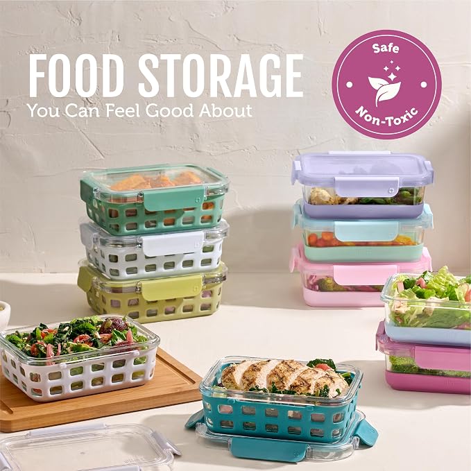 Ello Duraglass 3.4 Cup Meal Prep Sets 10Pc, 10 Pack Set- Glass Food Storage Container with Silicone Sleeve and Airtight BPA-Free Plastic Lids, Dishwasher, Microwave, and Freezer Safe, Evening Orchard