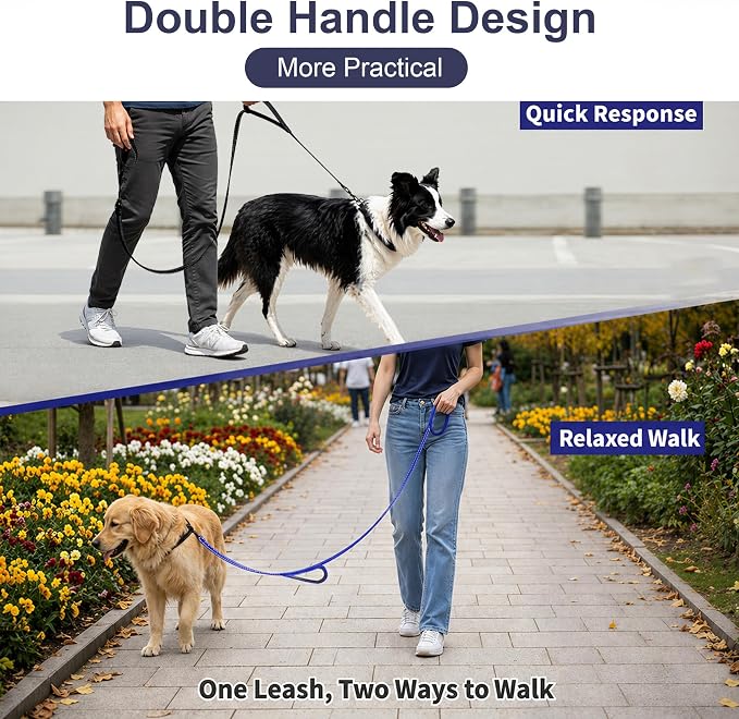 2 Pack Dual Handle Dog Leash, 6ft x 1in Heavy Duty Reflective Nylon Leash with Padded Grip, Traffic Handle, D-Ring, Tangle-Free Dog Lead for Small, Medium & Large Dogs, Safe Night Walks (Black+Blue)