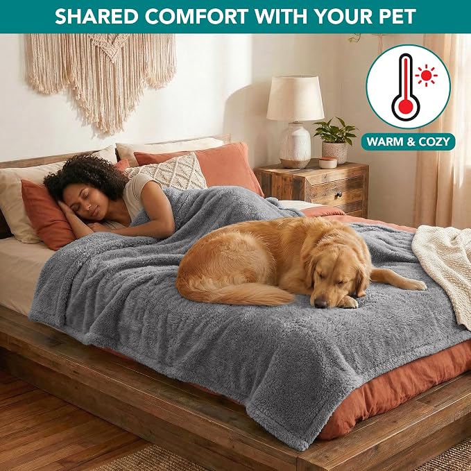PetAmi Fluffy Waterproof Dog Blanket for Couch and Bed, Reversible Sherpa Pet Throw, Pee Proof Furniture Protector Sofa Cover, Washable Cat Blanket for Medium Large Dogs and Cats (Light Grey, 90x90)