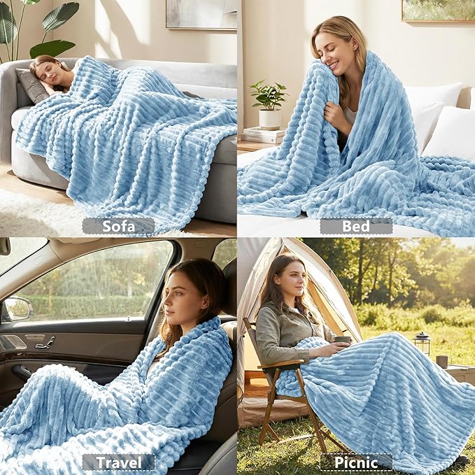 HIMEET Fleece Light Blue Throw XL Blanket for Couch - 300GSM Ribbed Cozy Outdoor Blankets for Travel Camping Nap, Birthday Gifts for Women Men Him, Long Sofa Room Decor Office Throws, 50x70 Inches