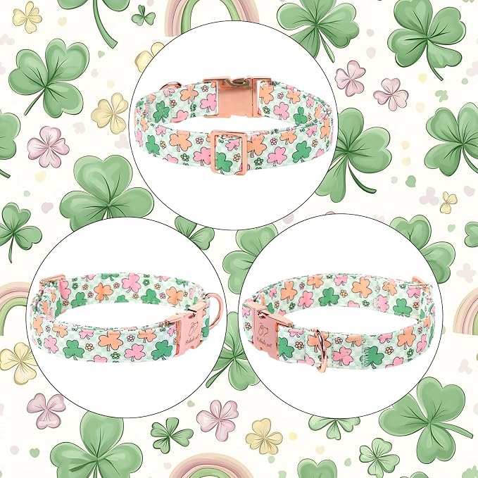 St. Patrick's Day Dog Collar for Large Dogs - Lucky Clover Pastel Dog Collars, Irish Spring Shamrock Pet Collars, Adjustable Heavy Duty Dogs Collar with Metal Buckle L