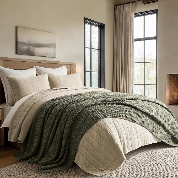 EVERGRACEHOME Chunky Polyester Knit Throw Blanket for Couch, Soft Luxurious Oversized King Moss Stitch Blanket for Bed, Large Cozy Farmhouse Knitted Throw for Sofa, Olive Green, 92" x 108"