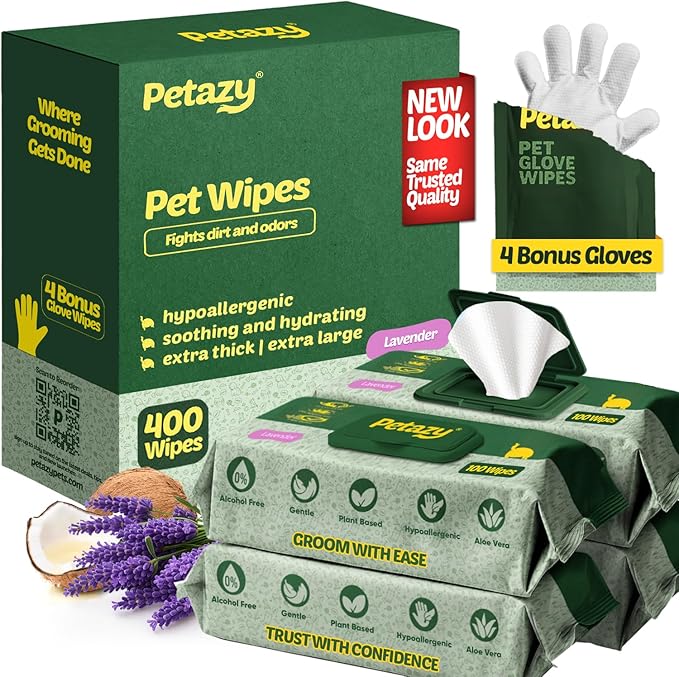 Petazy Pet Wipes for Dogs and Cats – 400 Count (8x8in) Hypoallergenic, Deodorizing Dog Wipes for Paws, Ears and Butt | XL with Aloe & Coconut Oil, Lavender Scented | Includes 4 Grooming Glove Wipes