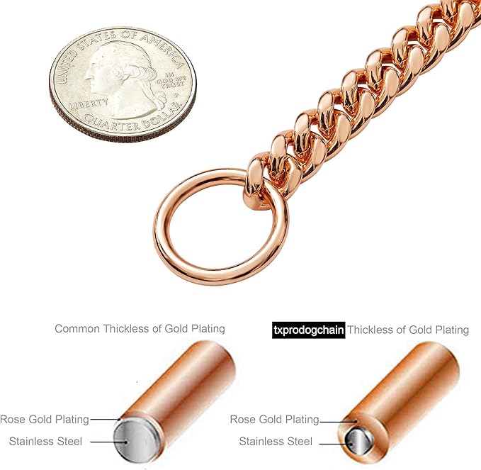 txprodogchains Rose Gold Chain Dog Collar 10MM Cuban Link Chain Stainless Steel Metal Links Walking Training Collar for Small Medium Large Dogs 10in to 31in