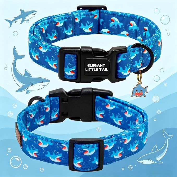 Elegant little tail Dog Collar,Cute Blue Shark Pattern Pet Collars Dog Cotton Soft Sturdy Puppy Collars Female or Male Adjustable Collar for Small Medium Large Dogs
