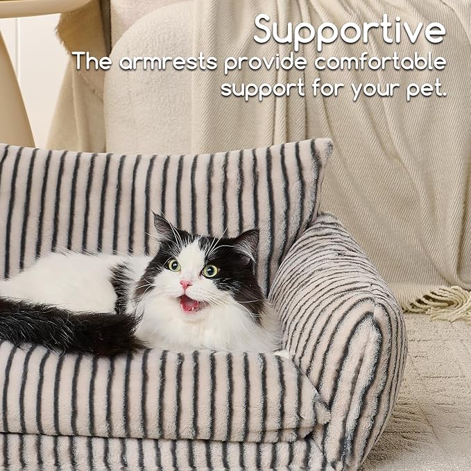 Hollypet Cat Bed Fluffy Plush Multifunctional Double-Layer Machine Washable Soft Warming Kitty Pet Couch Orthopedic Nest Beds for Small Cats Kitten and Dogs up to 13lbs, Gray Stripes(25x20x13in)