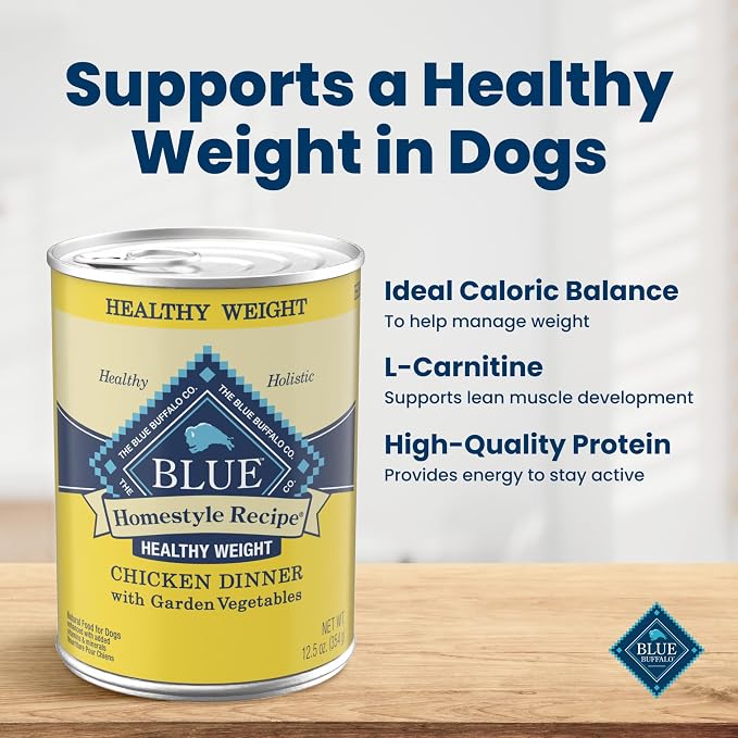 Blue Buffalo Homestyle Recipe Healthy Weight Chicken Dinner with Garden Vegetables Paté Natural Wet Dog Food, Made with Natural Ingredients, Vitamins & Minerals, 12.5-oz. Can (12 Count)