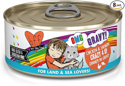 Weruva B.F.F. OMG - Best Feline Friend Oh My Gravy! Grain-Free Wet Cat Food Cans, Crazy 4 U! Chicken & Salmon, 5.5-Ounce Can (Pack of 8)