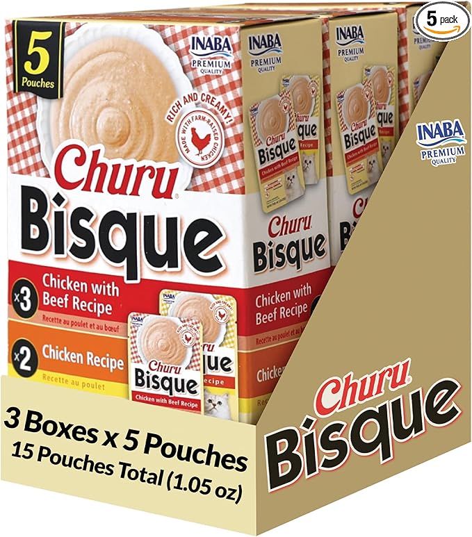 INABA Churu Bisque for Cats, Creamy Purée Side Dish Pouch, 1.05 oz Pouches, 15 Pouches Total, Chicken Variety