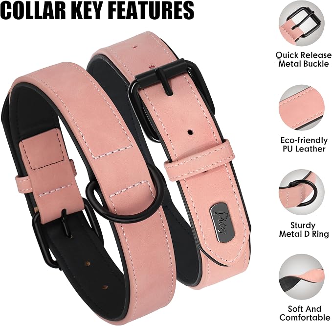 Didog Soft Padded PU Leather Dog Collar, Breathable and Adjustable Pink Dog Collars for Medium Dogs, Comfortable for Daily Walk, Pink, L Fit Neck 14-18"(22-44 lbs)