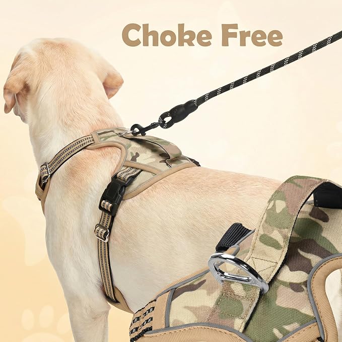 Funfox Dog Harness No Pull, Adjustable Pet Vest Harness, Super Soft Material with Vertical Handle Easy Control, Reflective Night Walking, 2 Leash Clips for Large Dogs, Camo Brown, L