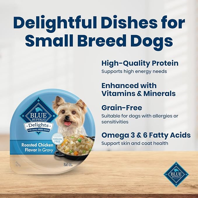 Blue Buffalo Delights Rotisserie Chicken Flavor Natural Grain Free Wet Dog Food for Small Breed Dogs in Hearty Gravy with Natural Ingredients, Vitamins & Minerals, 3.5-oz. Each (12 Cups)