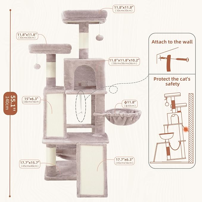 Gitelsnour Multi-Level Cat Tree for Indoor Cats, Cat Tower with 2 Scratching Boards, 2 Plush Padding Platforms, Cat Condo House with Hammock, Basket, Muchroom GCT022MU