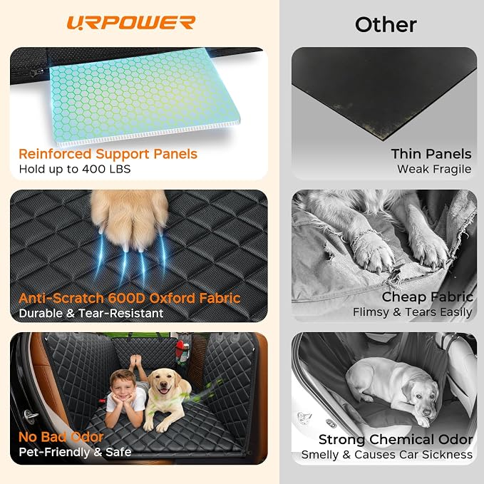 URPOWER XL Dog Backseat Extender for Full-Size Crew Cab Truck, Hard Bottom Dog Car Seat Cover for Back Seat Holds 400lbs, Waterproof Dog Hammock Pet Rear Seat Protector Travel Bed for F150 / Silverado