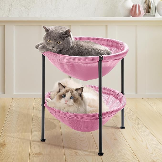 JUNSPOW Double Cat Bed Pink, Breathable Pet Bed for 2 Cats with 4 Adjustable Feet & Anti-Slip Mats, Easy Assembly Cat Hammock for Multi-cat Household, Indoors & Outdoors, 22.8 in x18.7 in x 18.7 in