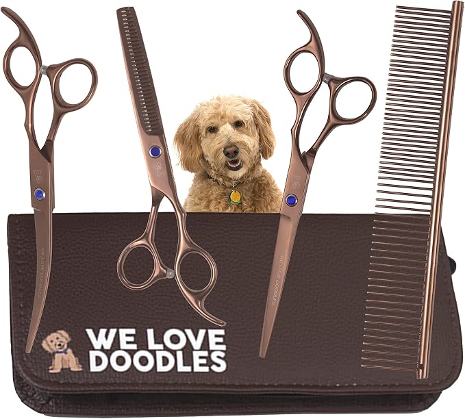 Dog Grooming Scissors Kit - Best Tools for Goldendoodles & Poodles - Straight, Curved & Thinning Shears - Professional Grade Stainless Steel, 4 Pc Set [We Love Doodles]