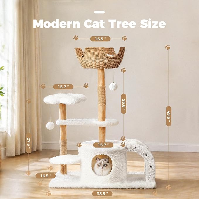 Easyego Modern Cat Tree, 45.6" Aesthetic Wood Cat Tree Tower for Large Cats, Luxury Cat Condo with Scratching Posts and Flower Platforms, Cat Furniture, White
