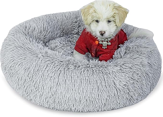 Calming Dog Bed for Small Dogs Cats, Kitty Puppy 23'' Round Anti-Anxiety Warm Fluffy Plush Faux Fur Bed, Soft Anti-Slip Donut Washable Small Pet Bed, Cozy Cat Puppy Bed, Fits up to 30 lbs Pets