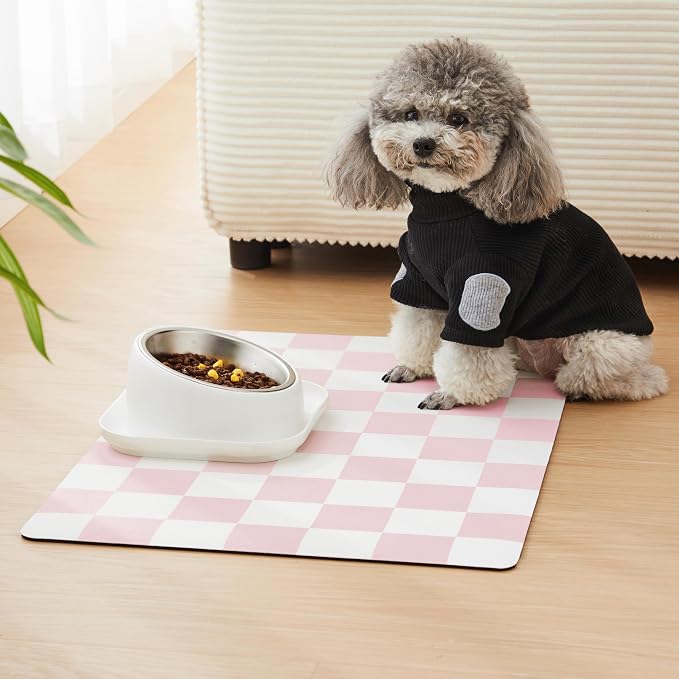 Checkered Dog Feeding Mat, Absorbent Mats for Dog Food and Water Bowl, Dispenser, Feeder, Retro Aesthetic Pastel Pink Checkerboard Pet Placemat for Dogs, Cats, Puppy Accessories, 16" X 24”