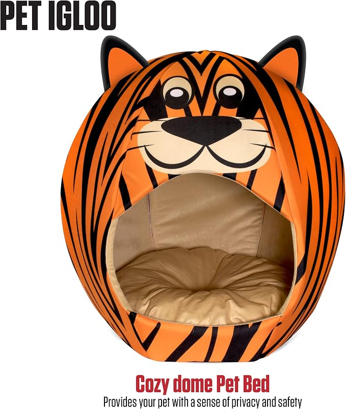 Maccabi Art Tiger Theme Dog Bed - Cute Igloo Style Pet Bet - Fits Medium Dogs, Puppies, Cats - Pillow Insert with Plush Lined Interrior, Non-Slip Igloo Design - 25 x 25 x 22