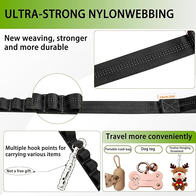 FOVRLZSE Reflective Bungee Dog Leash(Black) - 4FT to 5FT Adjustable Shock Absorbing Leash with Double Padded Handle & 360° No Tangle Metal Clasp for Small Medium Large Dogs