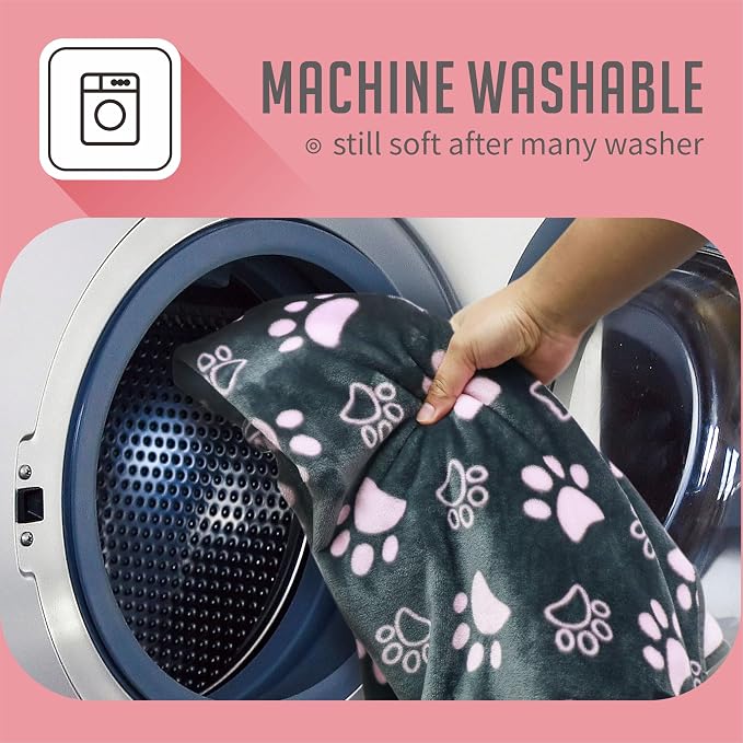 Dog Blankets for Large Dogs,Washable Pet Blanket, Soft Crate Bed with Paw Pattern for Kennel/Couch, Grey & Pink 80x60 Inch