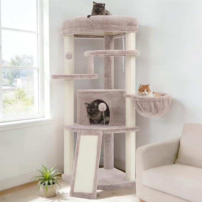 Gitelsnour Corner Cat Tree for Indoor Cats, Cat Tower with All Sisal Scratching Posts, Multi-Level Cat Condo wth Cat Cave, Large Top Perch, Hanging Basket, Sisal Scratching Ramp, Mushroom GCT025MU