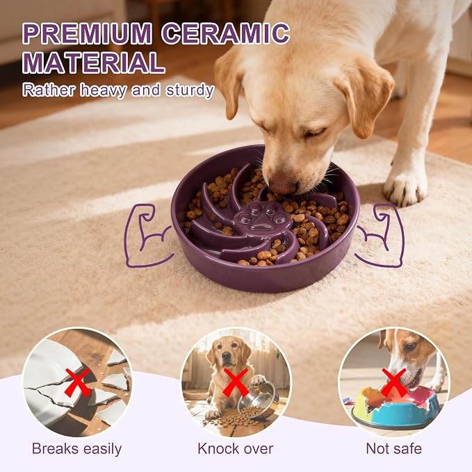 Ceramic Slow Feeder Dog Bowl, 3 Cup Dog Food or 25oz Water, Slow Eating Bowl for Middle Breed, Maze Puzzle Feeder for Fast Eaters, Anti-Choking Stop Bloat, Non-Slip BPA Free (Purple)