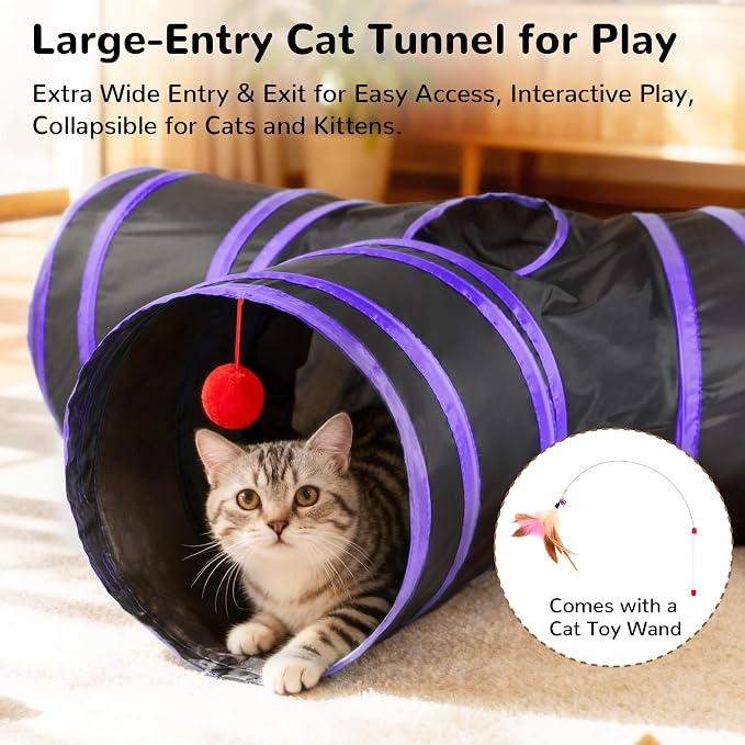 Tempcore Cat Tunnel for Indoor Cats, 3 Way Collapsible Pet Play Tunnel with Teaser Wand, Peek Holes & Hanging Ball, Interactive Tube for Kittens & Rabbits, Black & Purple