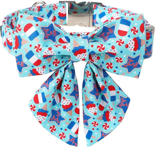 Maca Bates American Flag 4th of July Dog Collar with Sailor Bow 4 of 7 for Dogs Tie Adjustable Durable Icecream Patriotic USA Collars Summer Independence Day for Small Medium Large XL Boy Girl Puppy