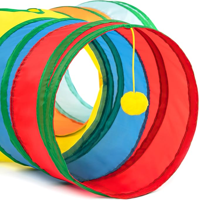 Tempcore Cat Tunnel for Indoor Cats, 3 Way Collapsible Pet Play Tunnel with Teaser Wand, Peek Holes & Hanging Ball, Interactive Tube for Kittens & Rabbits, Rainbow