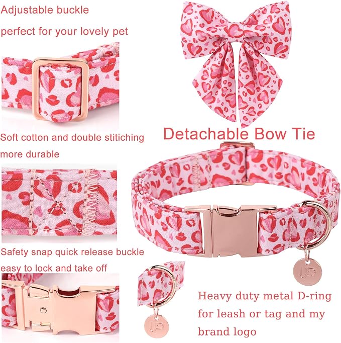 Valentine’s Day Dog Collar with Bow Tie, Pink Heart Bowtie Collar with Metal Buckle, Valentine’s Day Gift Pet Collar for Puppy Girl Boy Dog or Cat, Wedding Dog Collar, M, Neck 13.5-22in