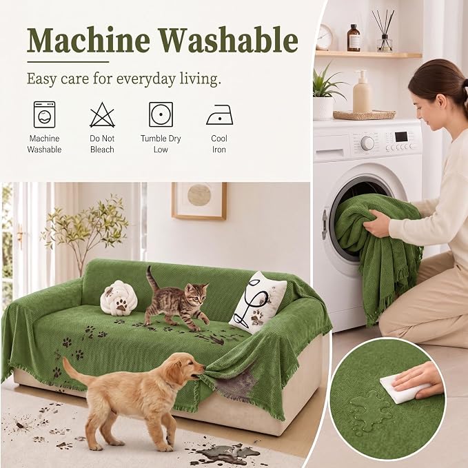 hyha Couch Cover for Dogs, Boho Sofa Covers for 3 Cushion Couch Washable, Chenille Sofa Slipcover for Pets, Soft Loveseat Sectional Couch Throw Blankets with Tassels (Green, 71x134 Inch)