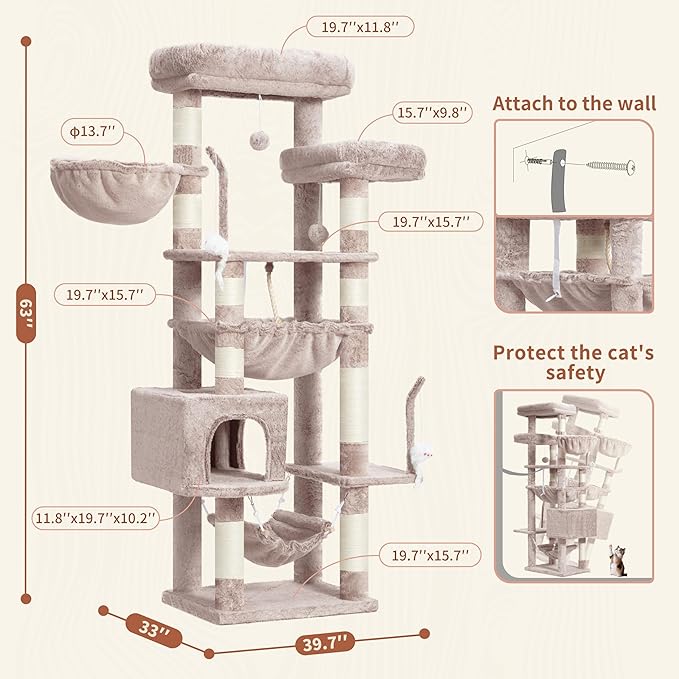 Gitelsnour Cat Tree, Cat Tower for Large Cats with 2 Big Platforms, 2 Baskets, condo and Toys, 63" Cat Scratching Posts for Indoor Cats, Muchroom GCT020MU