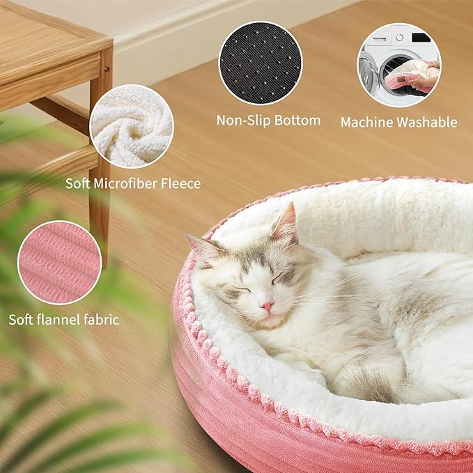 Zerbuger 20in Washable Cat Beds for Indoor Cats - Round Donut Pet Bed for Cats, Small Dogs, Puppy, Kitten - Anti-Slip Bottom, Calming Bed Gift - Pink