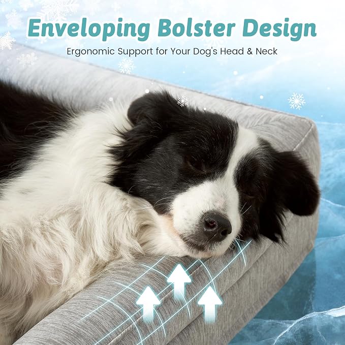 COZY KISS Cooling Dog Bed for Medium Dogs, 36"x27" Orthopedic Foam Sofa with Bolster Sides, Q-Max >0.4 Cooling Technology, Cool Pet Bed with Removable Washable Cover, Grey