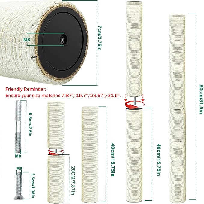 Cat Scratching Post Replacement Pole, 4 PCS 15.7“ 7.9" Cat Tree Replacement Post, Natural Sisal Cat Tree Replacement Parts with M8 Screws (15.7in/40cm+7.87in/20cm, M8*4poles)
