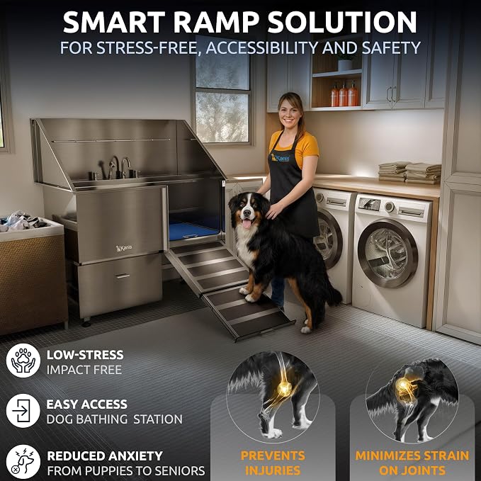 KANIS Professional Dog Washing Station 304 Stainless Steel Pet Wash Sink & Grooming Bathtub w/Shower, Floor Grates and Storage for Large, Medium & Small Pets (Silver, 50 Inches, Right Ramp, 1 Drawer)