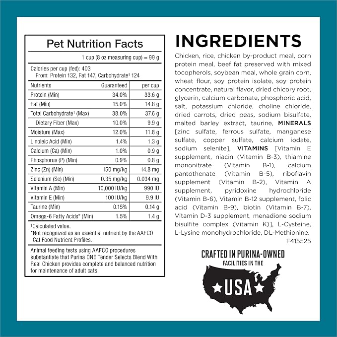 Purina ONE Natural Dry Cat Food, Tender Selects Blend With Real Chicken - 22 lb. Bag