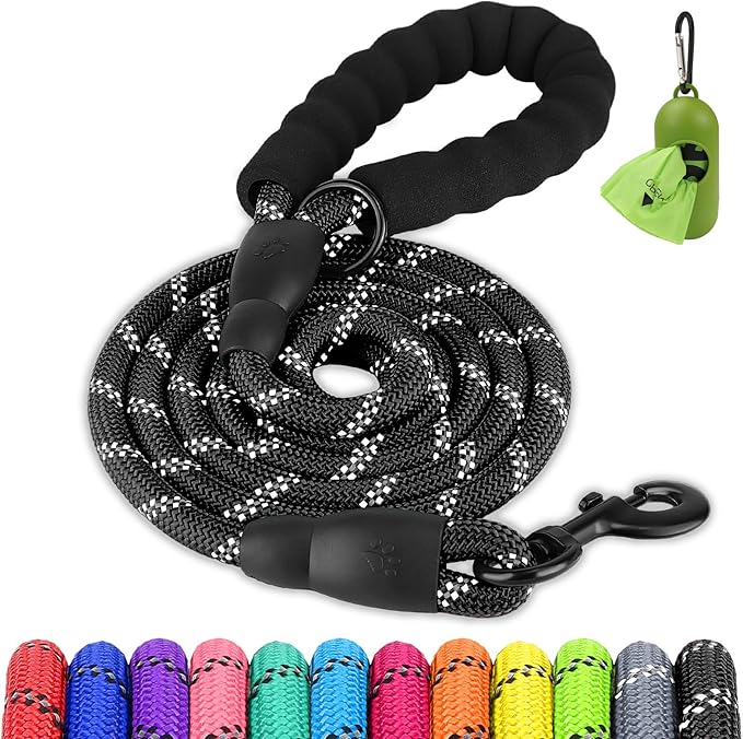 Joytale Dog Leash for Large Dogs, Heavy Duty Nylon Leashes with Comfortable Padded Handle and Highly Reflective Threads, Ideal for Walking and Training, Black, 5'×1/2''