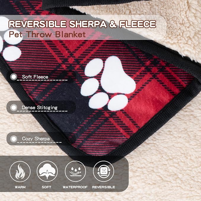 Waterproof Dog Blankets, 30"x40" Cat Blanket for Indoor Cats, Soft Fluffy Sofa Car Bed Protector, Reversible Sherpa Fleece Puppy Blanket for Small Medium Dogs Christmas Decor(Paw Red)