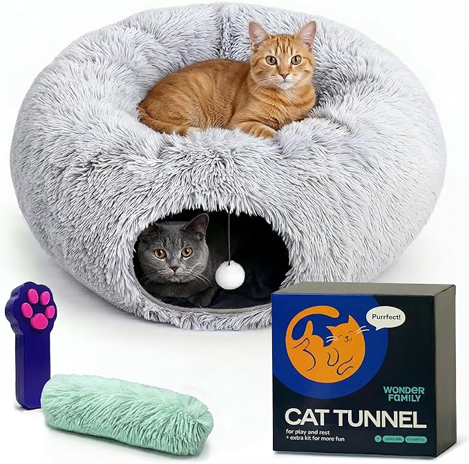 Large Cat Donut Tunnel Bed - Cat Tunnels for Indoor Cats - Circle Hideaway with Cat Toys, 3-in-1 Foldable Playground & Cozy Cave Bed, Gift-Ready DIY Collapsible Plush Cat Tube, Rabbit, Kitty