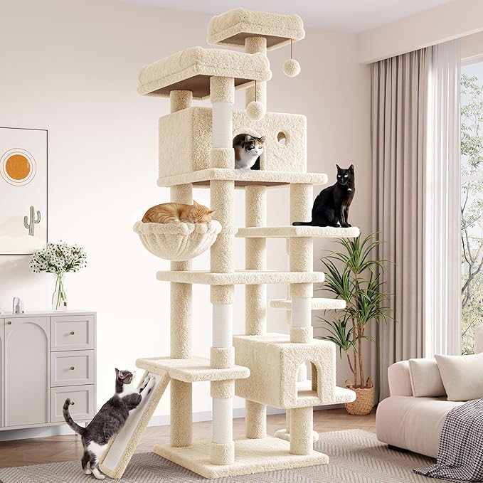 SHA CERLIN 82 inch, Multi-Level Cat Tree Tower for Indoor Cats, Cat Condo with Sisal Scratching Posts, Plush Perches, Hammocks, Toy Balls, Beige