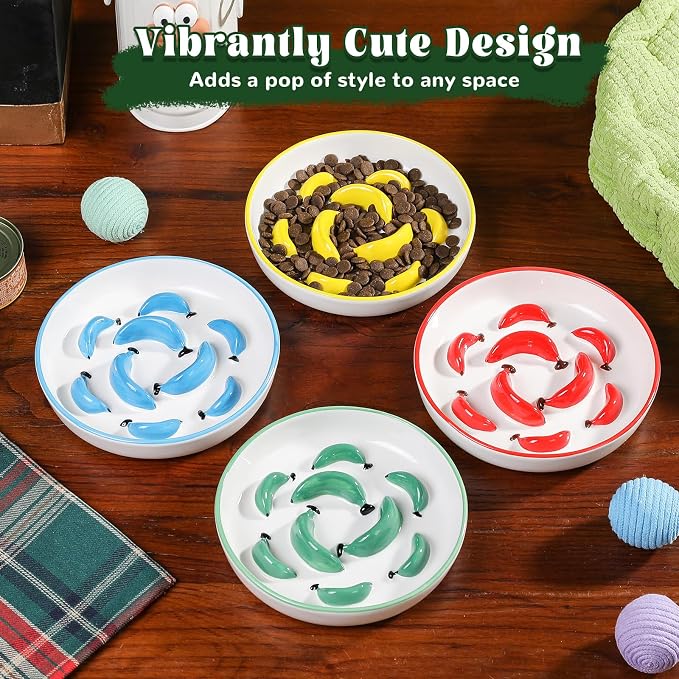 Ceramic Cat Slow Feeder Bowl - Vibrant Cat Feeding Bowl - Cute Maze Food Dish for Slow Eating - Dishwasher Safe - 6.3''W x 1.2''H - 7 OZ - Red
