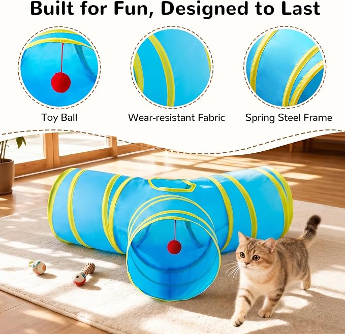 Tempcore Cat Tunnel for Indoor Cats, 3 Way Collapsible Pet Play Tunnel with Teaser Wand, Peek Holes & Hanging Ball, Interactive Tube for Kittens & Rabbits, Blue & Yellow