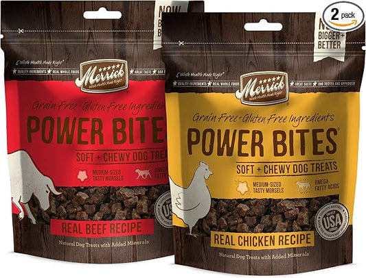 Merrick Power Bites Grain Free Dog Treats, 2 Flavors (Chicken & Real Texas Beef) Bundle Pack